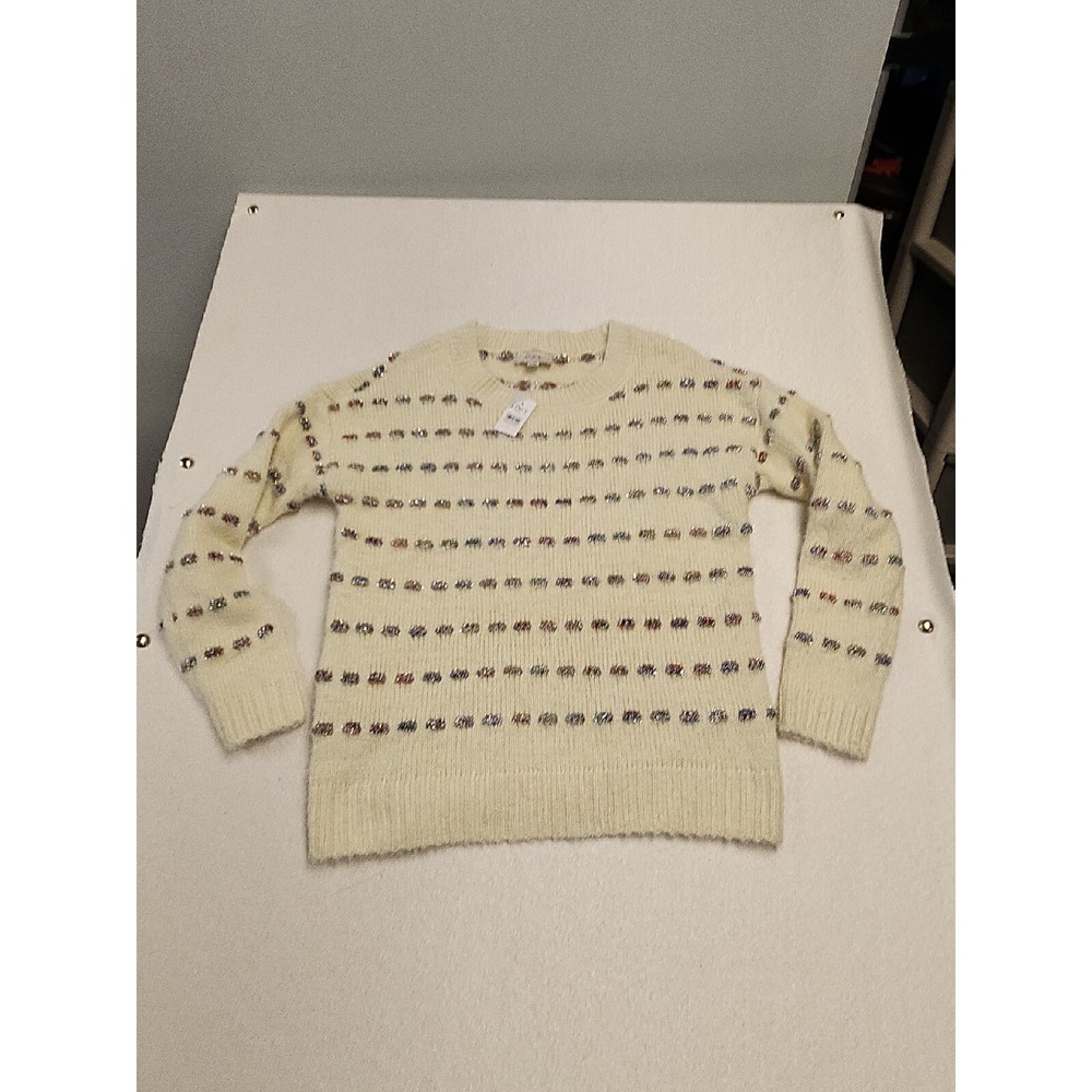 Loft Women's ChristmasSweater Size M Cream Metallic Striped Pullover Soft Chunky